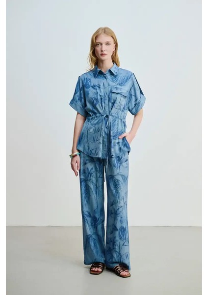 Beli Ipli Desenli Denim Görünümlü Gömlek - Mavi fiyatları