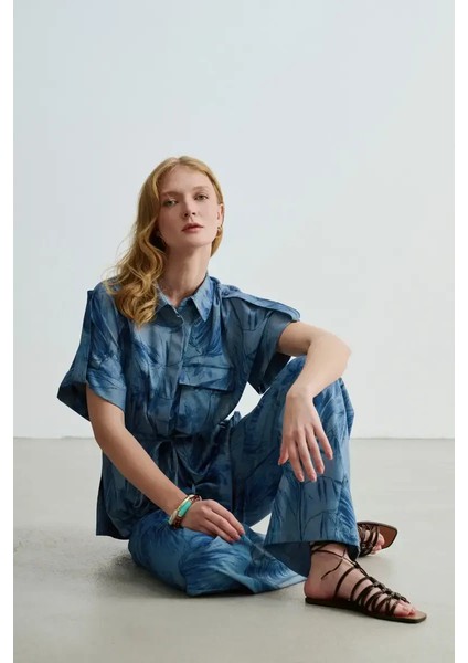 Beli Ipli Desenli Denim Görünümlü Gömlek - Mavi fırsatları