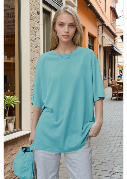 Kadın Mint Yeşili Basic Düz Baskısız Oversize Salas T-Shirt