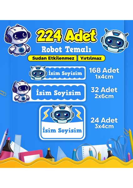 Robot Temalı Okul Kreş Kişiye Özel Isim Etiket Seti - Model 435