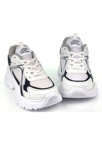 Kadın Beyaz Siyah Hafif Fileli Günlük Rahat Sneaker Spor Ayakkabı
