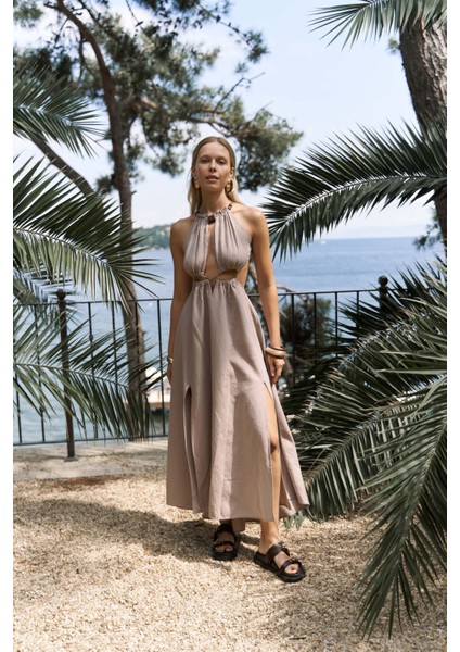 Bunina Bağcıklı Boncuk Detay Vizon Uzun Elbise