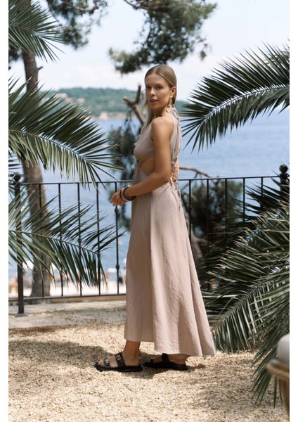 Bunina Bağcıklı Boncuk Detay Vizon Uzun Elbise fiyatları