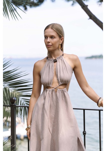 Bunina Bağcıklı Boncuk Detay Vizon Uzun Elbise modelleri