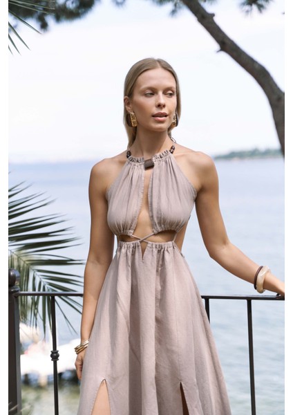 Bunina Bağcıklı Boncuk Detay Vizon Uzun Elbise fırsatları