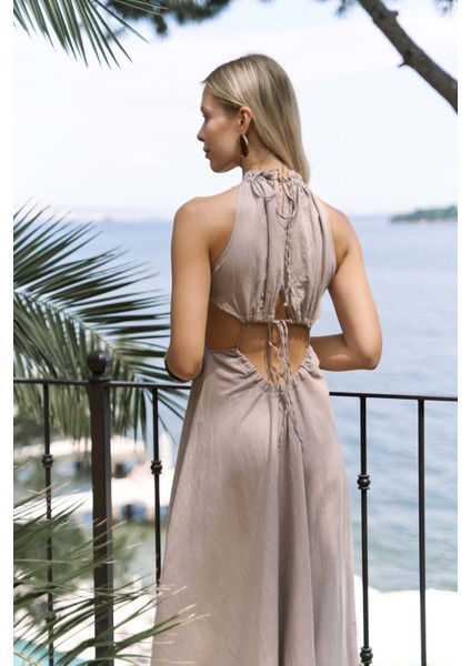 Bunina Bağcıklı Boncuk Detay Vizon Uzun Elbise indirimleri