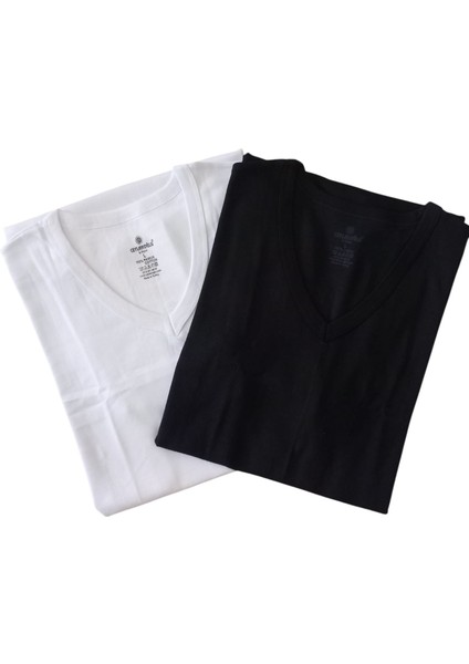 V Yaka Tişört 2'li Avantajlı Paket Pamuklu Cotton Siyah-Beyaz Slim Fit Ekstra Esnek Unisex Vtc3-1