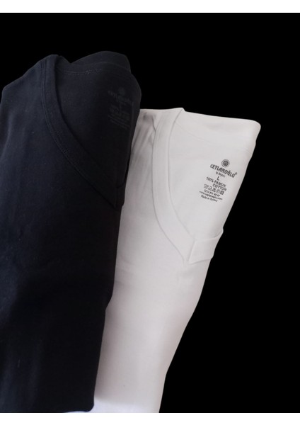 V Yaka Tişört 2'li Avantajlı Paket Pamuklu Cotton Siyah-Beyaz Slim Fit Ekstra Esnek Unisex Vtc3-1 fiyatları