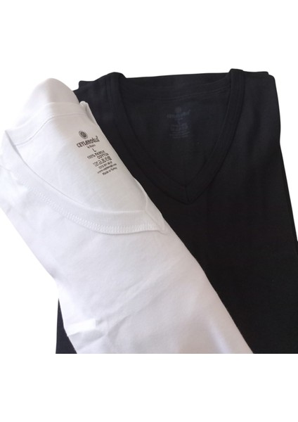 V Yaka Tişört 2'li Avantajlı Paket Pamuklu Cotton Siyah-Beyaz Slim Fit Ekstra Esnek Unisex Vtc3-1 modelleri