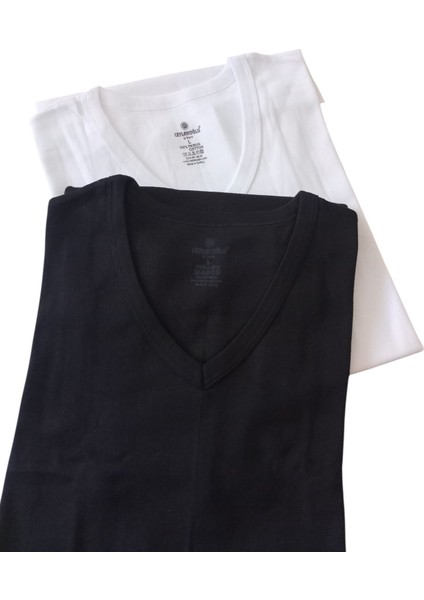 V Yaka Tişört 2'li Avantajlı Paket Pamuklu Cotton Siyah-Beyaz Slim Fit Ekstra Esnek Unisex Vtc3-1