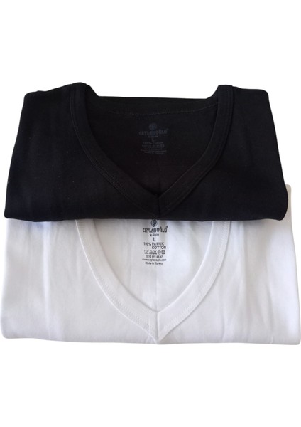 V Yaka Tişört 2'li Avantajlı Paket Pamuklu Cotton Siyah-Beyaz Slim Fit Ekstra Esnek Unisex Vtc3-1