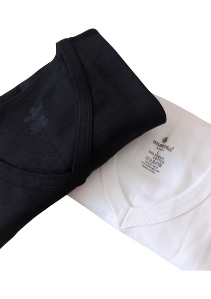 V Yaka Tişört 2'li Avantajlı Paket Pamuklu Cotton Siyah-Beyaz Slim Fit Ekstra Esnek Unisex Vtc3-1