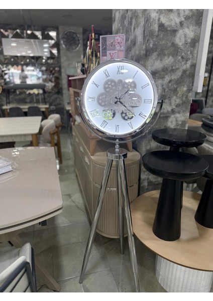 Ledli Tripod Krom Ayaklı Dekoratif Saat Döner Çarklı Krom-Krom