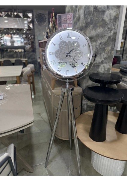 Ledli Tripod Krom Ayaklı Dekoratif Saat Döner Çarklı Krom-Krom fiyatları