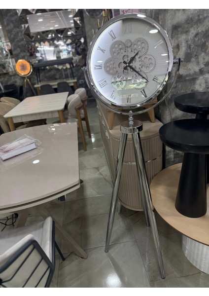 Ledli Tripod Krom Ayaklı Dekoratif Saat Döner Çarklı Krom-Krom modelleri