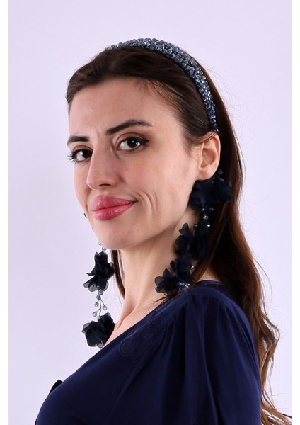 1012 Lacivert Sarkan Küpeli Inci Lohusa Taç