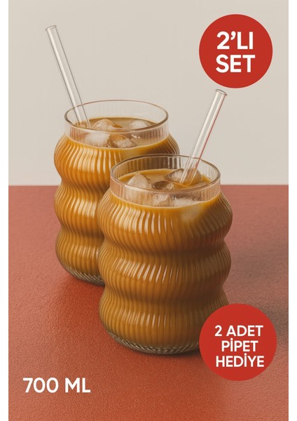 2 Adet Set Cam Buzlu Soğuk Kahve Bardağı + Cam Pipet Hediyeli 700 ml