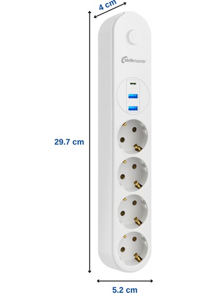 2 Usb+Type-C Akım Çocuk Korumalı 4lü Priz 2mt Beyaz