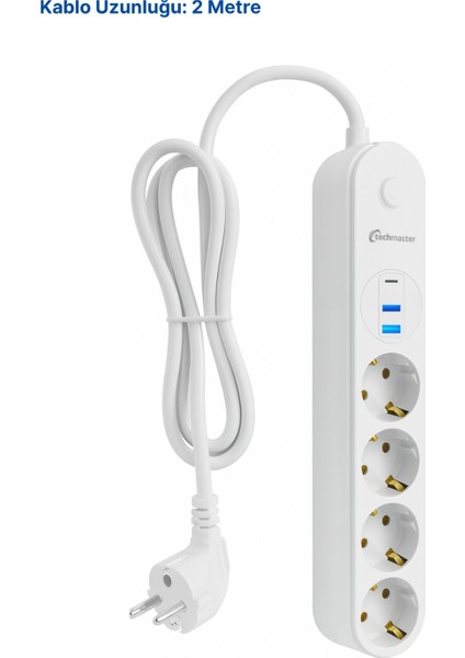 2 Usb+Type-C Akım Çocuk Korumalı 4lü Priz 2mt Beyaz
