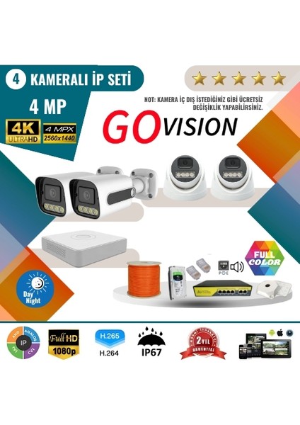 4'lü 4mp 4K Ultra Hd Ip Güvenlik Kamera Seti (Gece Görüşlü, Dış Mekan Uyumlu)