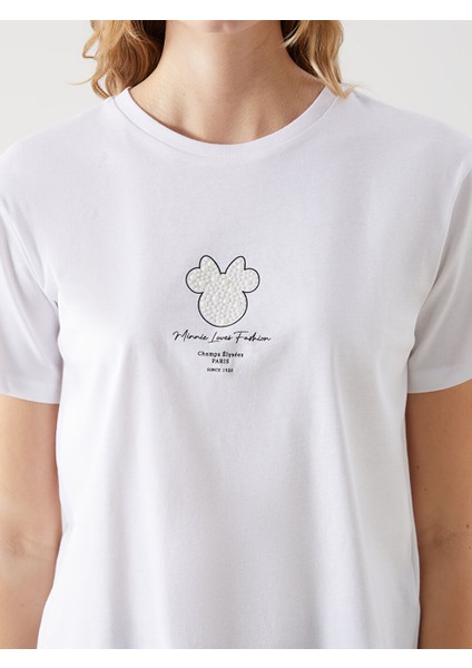 Yeni Sezon Bisiklet Yaka Minnie Mouse Baskili Kadin Tisort - S5IV97Z8