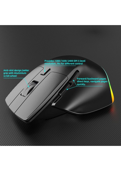 Kablosuz Mouse Bluetooth 5.0/4.0 + 2.4g Ergonomik Şarjlı Sessiz Rgb Mouse Modern Tasarım Işıklı