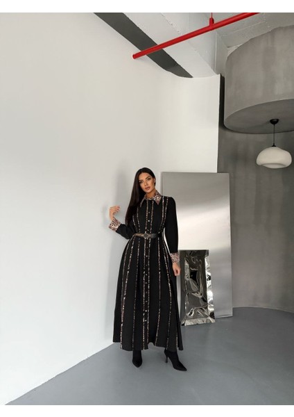 Leopar Detaylı Atlas Kumaş Elbise(Kemer Dahildir)