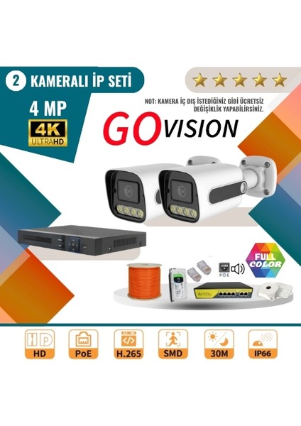 2'li 4mp 4K Ultra Hd Ip Güvenlik Kamera Seti (Gece Görüşlü, Dış Mekan Uyumlu)