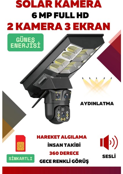 2 Kamera 3 Ekranlı 6 Mp Full Hd Solar Kamera Aydınlatmalı Güneş Enerjili Kamera-4g NJPUWZH6VA