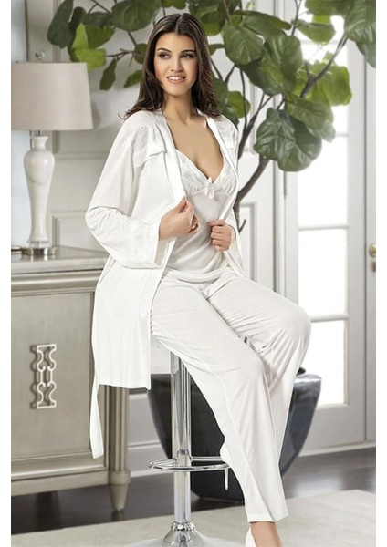 2030 Kadın Ekru Sabahlıklı Pijama Takım