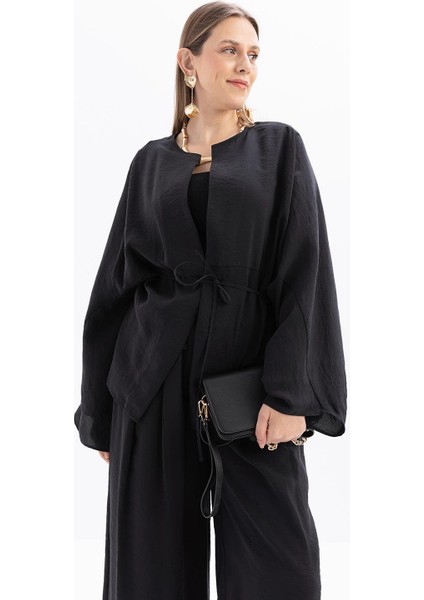 Siyah-Belden Bağcıklı Modal Kimono
