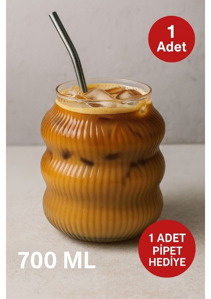 1 Adet Set Cam Buzlu Soğuk Kahve Bardağı + Cam Pipet Hediyeli 700 ml