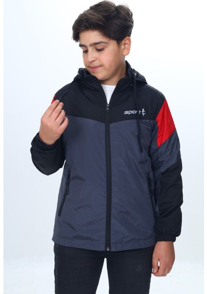 Erkek Çocuk Sport Baskılı Kapüşonlu Yağmurluk