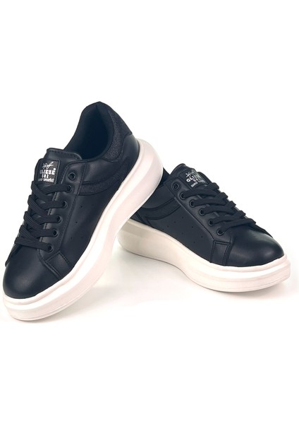 Kadın Siyah Beyaz Simli Rahat Günlük Sneaker Spor Ayakkabı