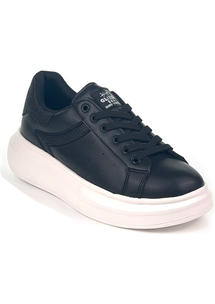 Kadın Siyah Beyaz Simli Rahat Günlük Sneaker Spor Ayakkabı