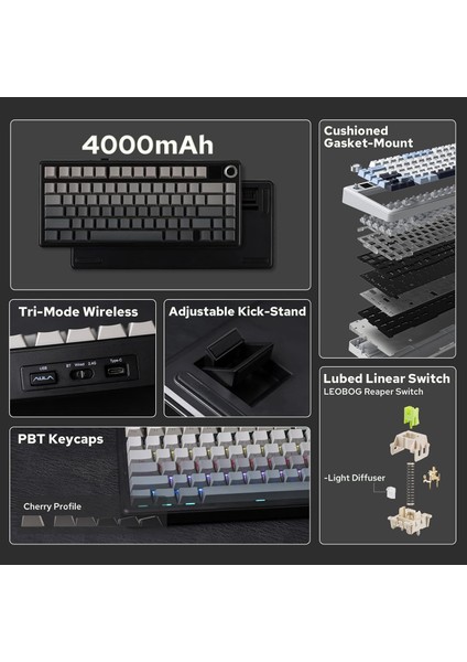 F75 Max Mekanik Rgb Tkl Reaper Switch Kablosuz Makrolu Hot Swap Klavye Gri