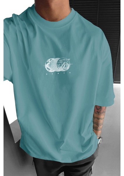 Erkek Turkuaz Earth Oversize Fit Bol Geniş Kalıp Salaş Kesim T-Shirt