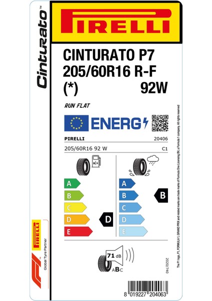 205/60R16 92W Rft * Cint P7 Oto Yaz Lastigi Üretim YILI:2021