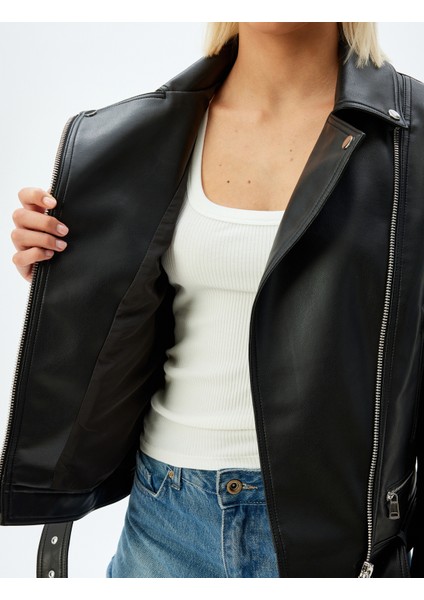 Yeni Sezon Crop Oversize Suni Deri Biker Ceket Fermuarlı Cepli Kemer Detaylı indirimleri