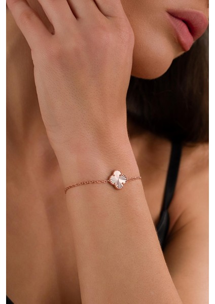 Gümüş Rose Kaplama Yoncalı Yonca Çiçek Lazer Işlemeli Taşsız Bileklik