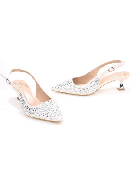PS-31990 4,5 cm Topuklu Kadın Taşlı Arkası Açık Stiletto Abiye Ayakkabı