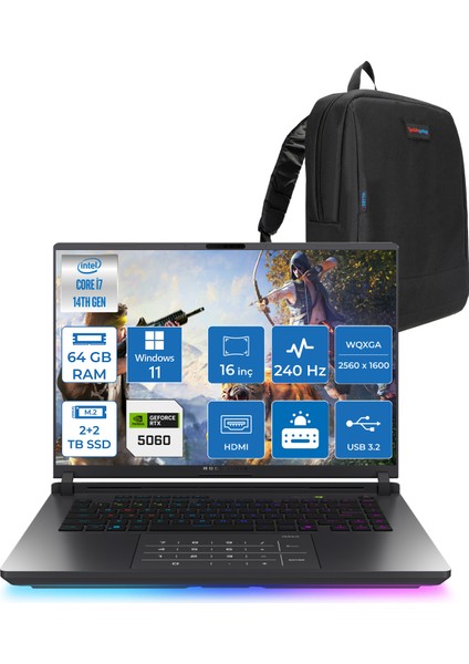 Rog Strix G16 G615JMR-S5049 Intel® Core™ I7 14650HX 64GB 2tb Ssd+2tb SSD 8GB/RTX5060 Gddr7 115W 16 Inç 2,5k 3ms Windows 11 Home Taşınabilir Bilgisayar WS5049H30+ZETTAÇANTA