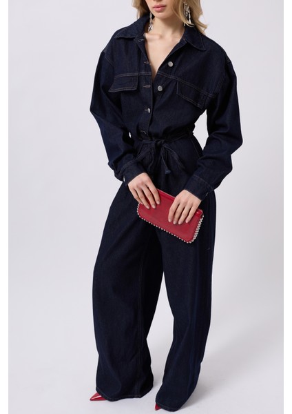 Düğme Detaylı Denim Lacivert Tulum fırsatları