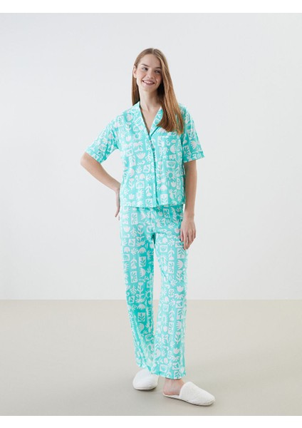 Yeni Sezon Gomlek Yaka Desenli Kadin Pijama Takimi - S5CU69Z8