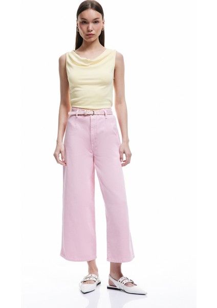 Yeni Sezon Düğmeli Kesik Geniş Paça Kemerli Pantolon - Wide Leg Jeans