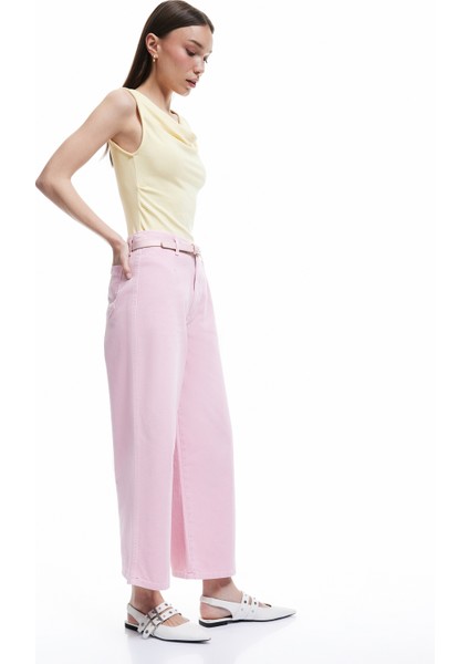 Yeni Sezon Düğmeli Kesik Geniş Paça Kemerli Pantolon - Wide Leg Jeans fiyatları