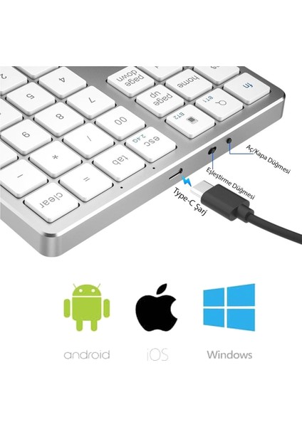 Powermaster PM-26596 Mini Gümüş Bluetooth 5.2 Kablosuz 35 Tuş Klavye Genişletme Sayı Bloğu Klavye Rakam Sayı Kısmı