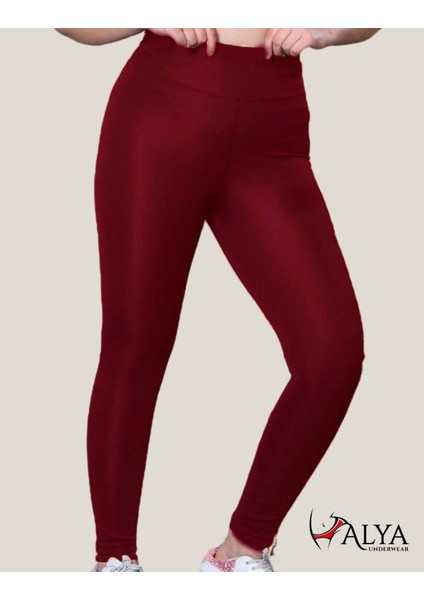 Toparlayıcı Yüksek Bel Kadın Günlük Spor Rahat Parlak Tayt ( Bordo, Xl )
