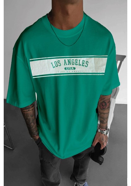Erkek Bntn Yeşil City Of Angels Oversize Fit Bol Geniş Kalıp Salaş Kesim T-Shirt