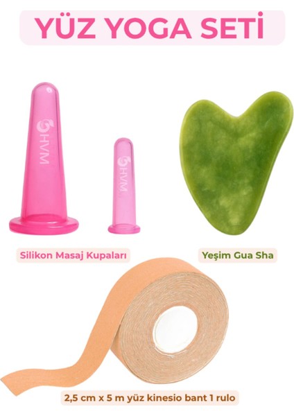 Yüz Yoga Seti 4 Parça, Silikon Masaj Kupası, Kinesio Bant Face Tape ve Yeşim Gua Sha